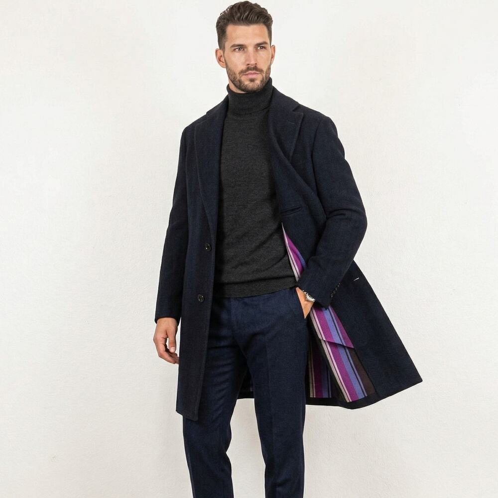 ETRO milano Herringbone Wool Overcoat Jacket Dark Navy 48IT